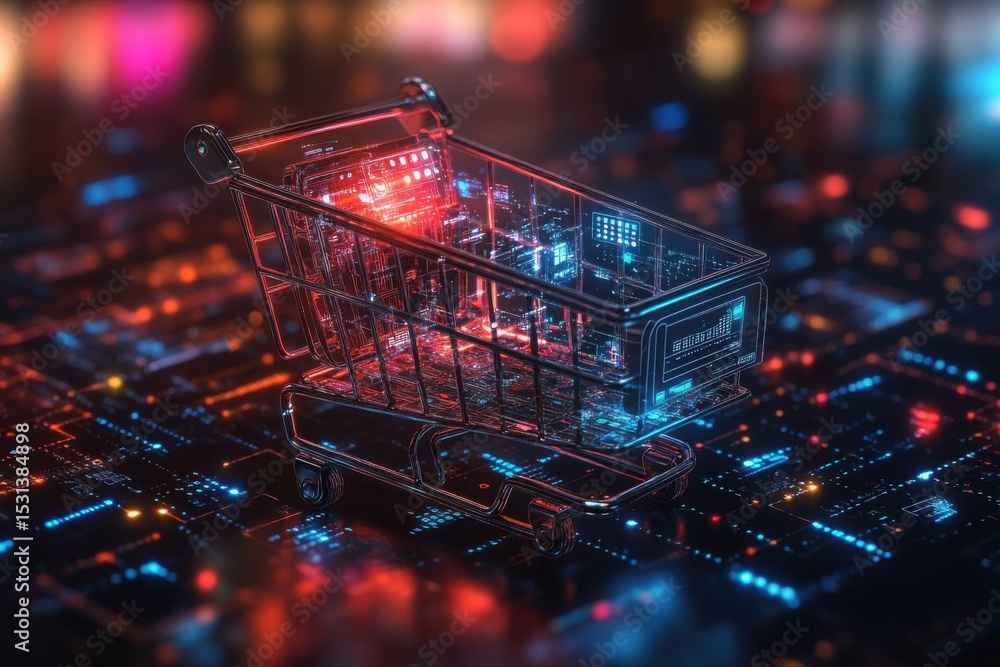 Digital Shopping Cart on Futuristic Circuit Board E commerce Online Retail Technology Concept Digital Shopping Cart on Futuristic Circuit Board E commerce Online Retail Technology Concept