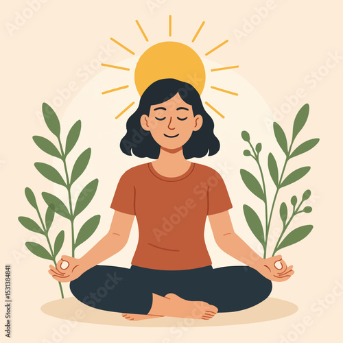 Woman meditating in a peaceful pose with plants and sun above her head