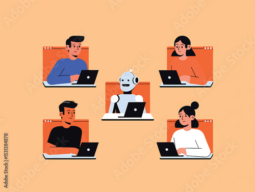 Teamwork with AI Collaborative Virtual Workspace Illustration