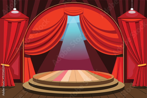 Illustration of an empty stage with red curtains and dramatic spotlight for theater performances