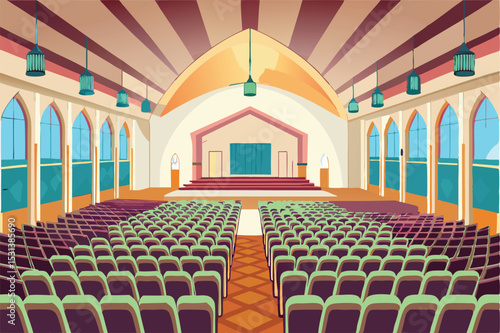Interior illustration of a large auditorium stage with seating and a decorative ceiling