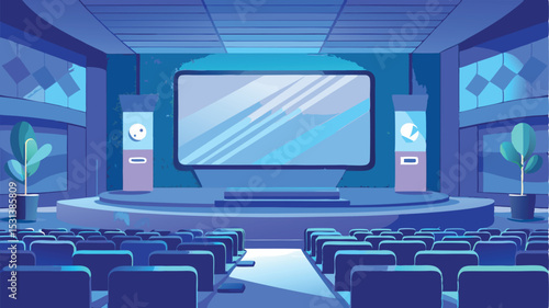 Modern auditorium interior illustration featuring stage screen seating and decorative plants in a blue tone
