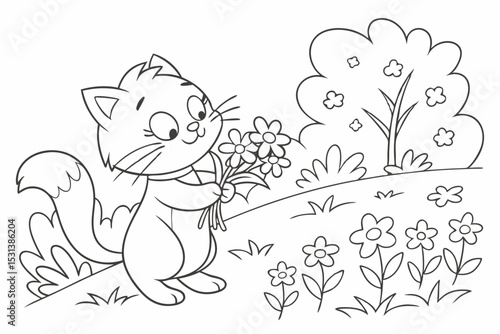 The cute cat is picking flowers in the garden coloring page