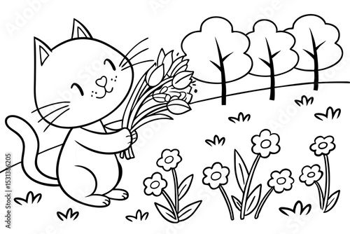 The cute cat is picking flowers in the garden coloring page