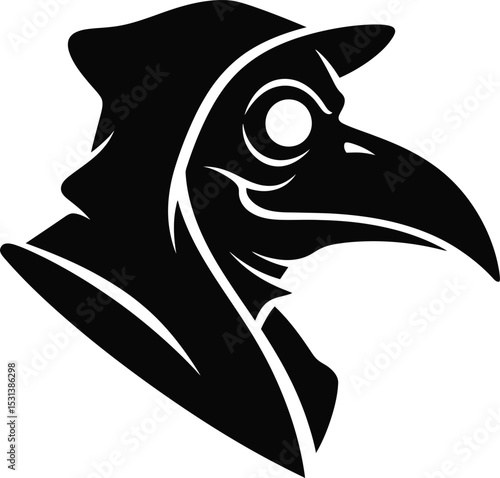 A stark black and white silhouette of a plague doctor mask with a pointed beak and hooded cowl design