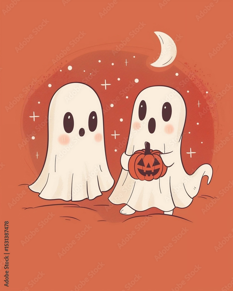 Fototapeta premium Adorable Halloween Ghosts Cute Ghost Illustration with Jack-o'-lantern