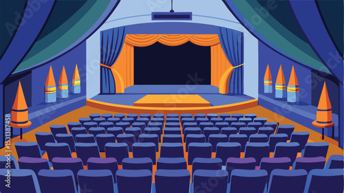 Vector illustration of a theater stage and auditorium with rows of empty seats