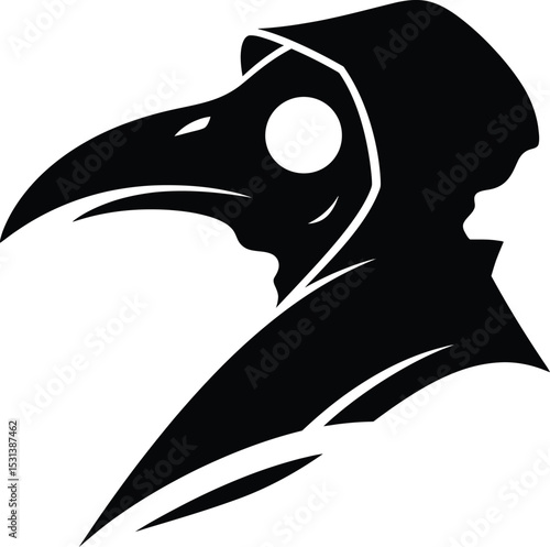 A stark black and white silhouette of a plague doctor mask with a hooded cloak illustration style