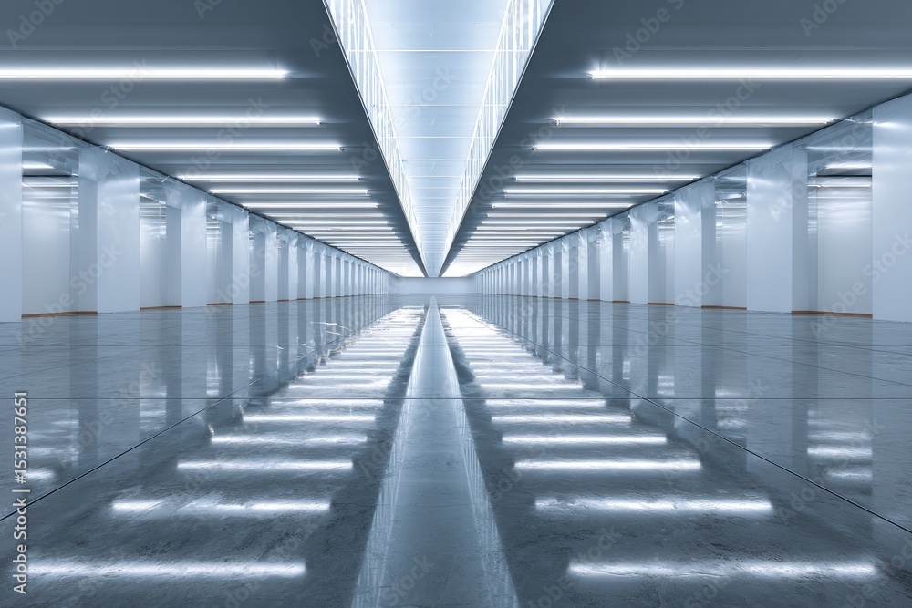 Empty, futuristic hallway with bright lights Empty, futuristic hallway with bright lights