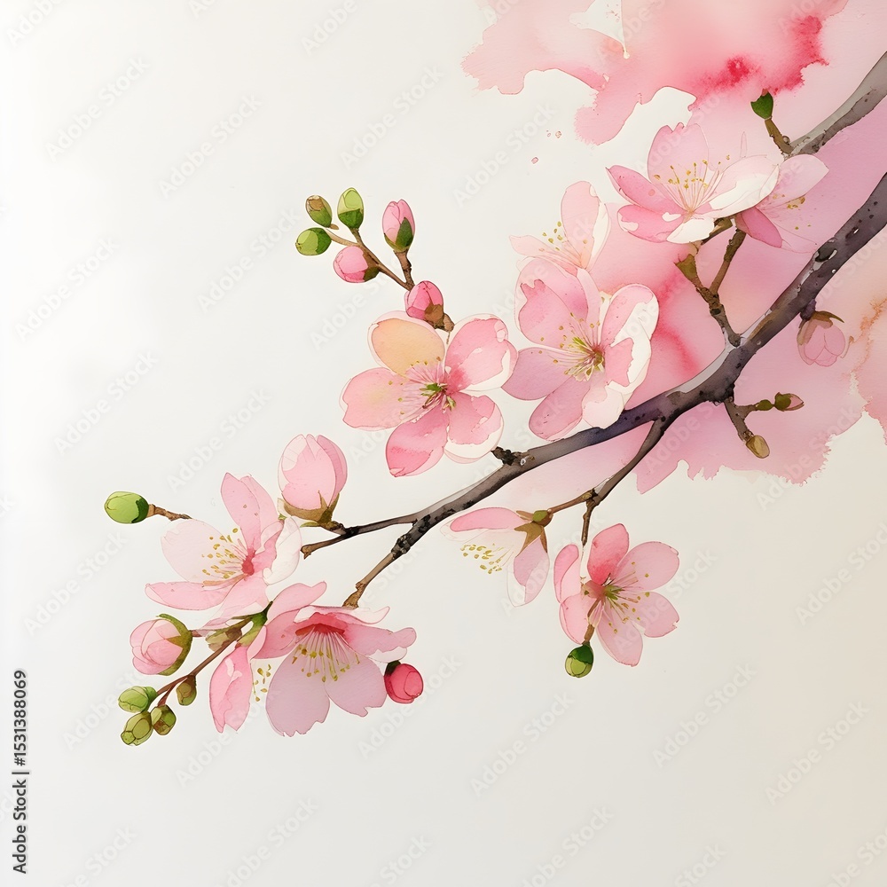 Fototapeta premium A delicate watercolor illustration of blooming cherry blossom branches with soft pink petals and subtle green leaves, outlined with a white sticker border.