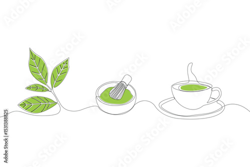 Hand-drawn matcha tea ingredients concept line art drawing. Matcha tea concept line art icon
