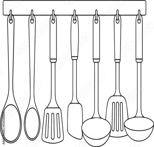 Line art illustration of various kitchen utensils hanging on a rack for cooking.
