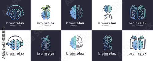 Set Collections of Mental Healing, Logo Design Inspirations. Vector Combined of Brain with Hobbies and Interests, Relaxed Mind Concept.