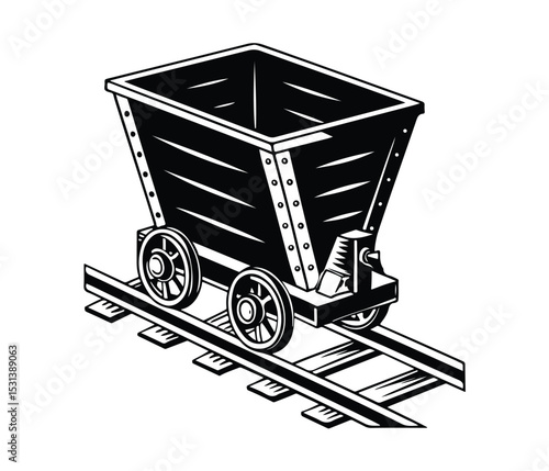 Black Coal Mining Cart Vector Silhouette Clipart, Vintage Mining Trolley, Mine Cart Filled, Industrial Mining Cart on Tracks Silhouette Graphic, Mining Cart Logo, Mining Icon.