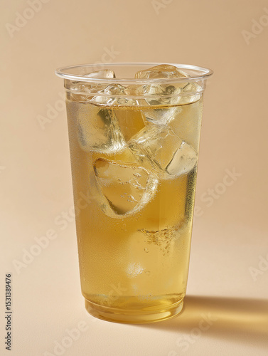 Wallpaper Mural tall clear plastic takeaway cup, slim cylindrical shape, filled with crystal clear golden oolong tea, small transparent ice cubes floating on top, no milk, no foam, no bubbles, subtle condensation on  Torontodigital.ca