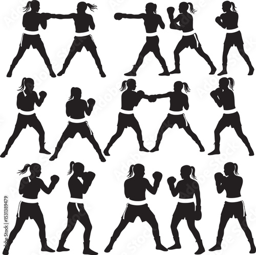 Boxing Silhouette Collection Vector White Color Background