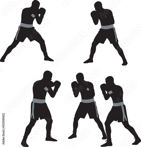 Boxing Silhouette Collection Vector White Color Background
