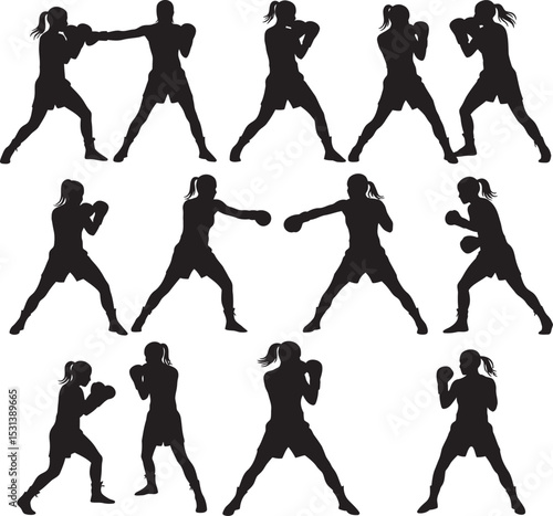 Boxing Silhouette Collection Vector White Color Background