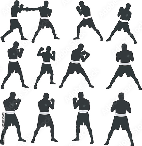 Boxing Silhouette Collection Vector White Color Background