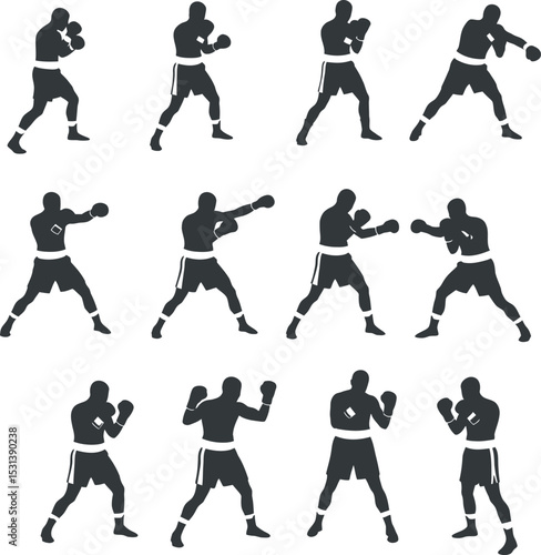 Boxing Silhouette Collection Vector White Color Background