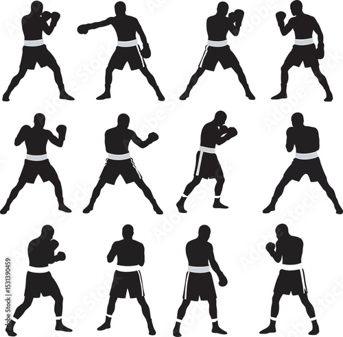 Boxing Silhouette Collection Vector White Color Background