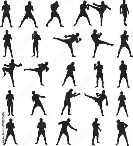Boxing Silhouette Collection Vector White Color Background