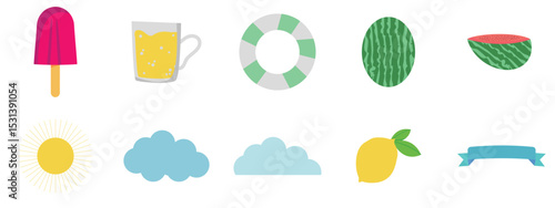 A set of flat, colorful icons depicting summer-themed items.