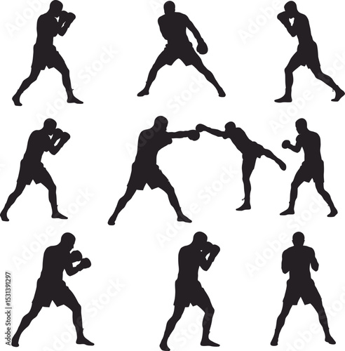 Boxing Silhouette Collection Vector White Color Background
