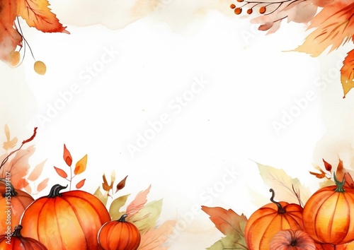 Autumn Watercolor Pumpkins and Leaves Frame Thanksgiving or Fall Background Design