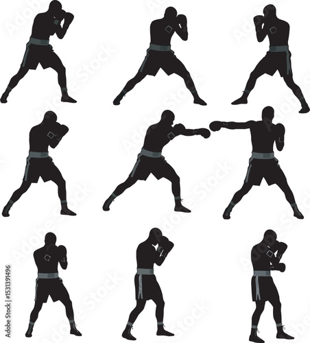 Boxing Silhouette Collection Vector White Color Background