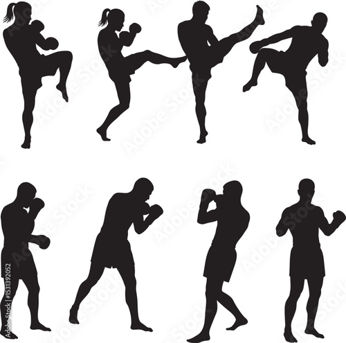 Boxing Silhouette Collection Vector White Color Background