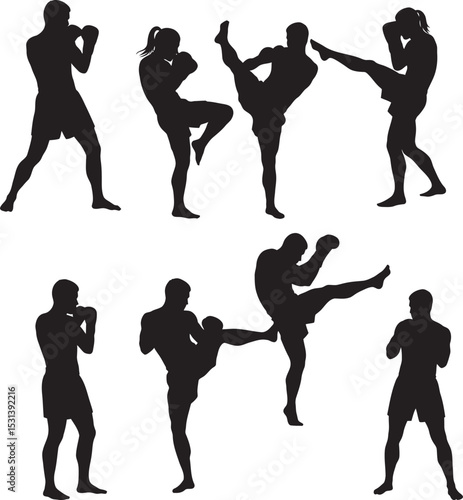 Boxing Silhouette Collection Vector White Color Background