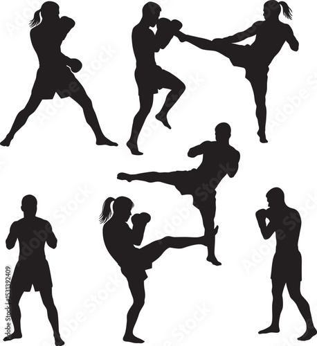 Boxing Silhouette Collection Vector White Color Background