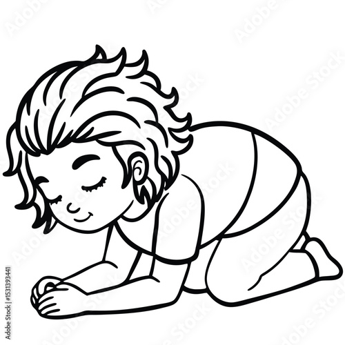 A cute cartoon child kneeling with hands clasped together in prayer or contemplation