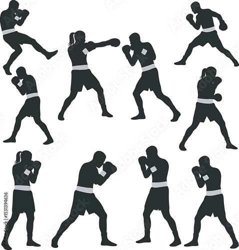 Boxing Silhouette Collection Vector White Color Background