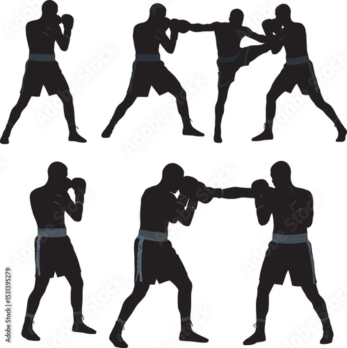 Boxing Silhouette Collection Vector White Color Background