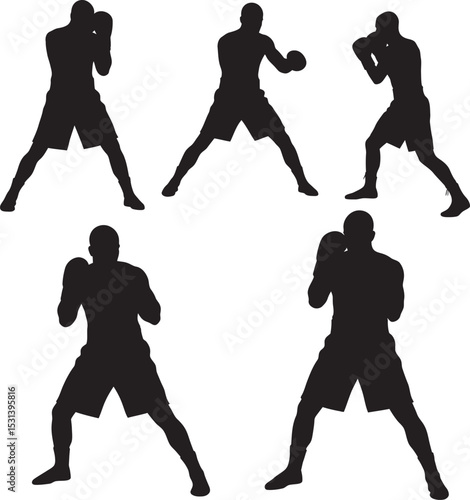 Boxing Silhouette Collection Vector White Color Background