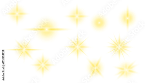 Sun flash with rays or gold spotlight and bokeh. Gold lens flares set. Magic yellow glow light effect. Vector. PNG