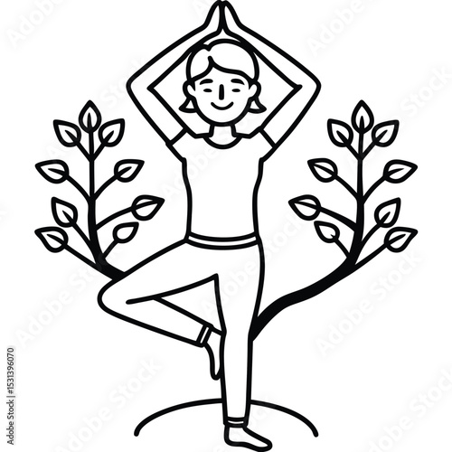 Woman practicing yoga tree pose, surrounded by nature
