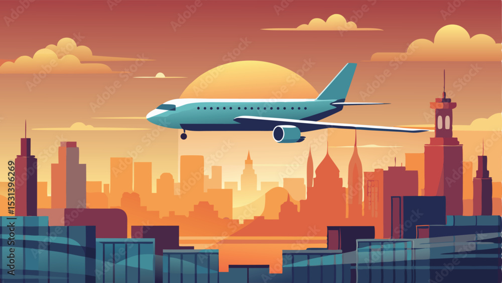 Naklejka premium Commercial Plane Over City Skyline