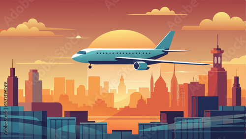 Commercial Plane Over City Skyline