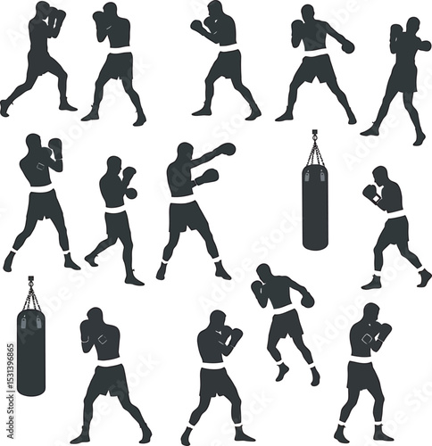 Boxing Silhouette Collection Vector White Color Background