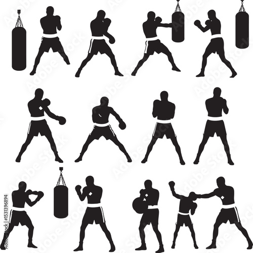 Boxing Silhouette Collection Vector White Color Background