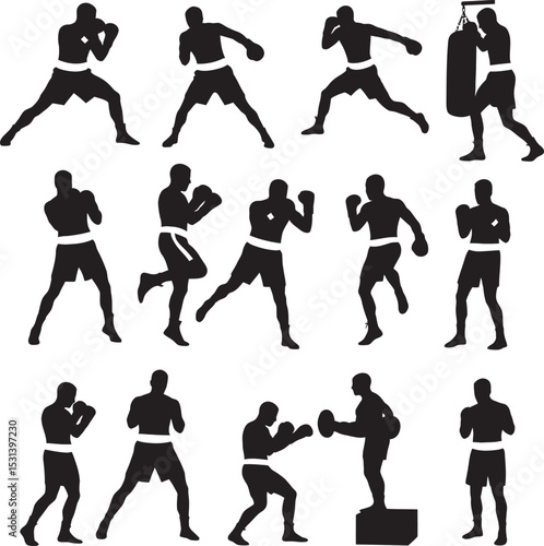 Boxing Silhouette Collection Vector White Color Background