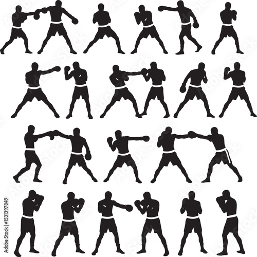 Boxing Silhouette Collection Vector White Color Background