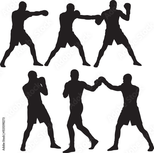 Boxing Silhouette Collection Vector White Color Background