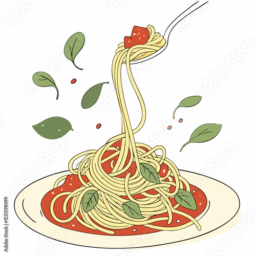 Traditional Spaghetti with Tomato Sauce and Basil Garnish