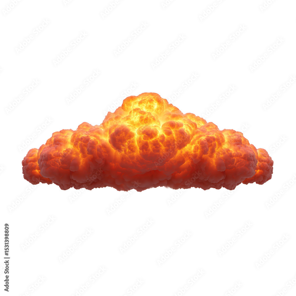 Obraz premium Fiery explosion cloud with intense orange and yellow hues, resembling dramatic blast or fireball. cloud is isolated on transparent background, showcasing its dynamic and powerful appearance
