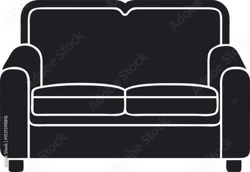 Flat black vector silhouette of a two-seater sofa with armrests, 
