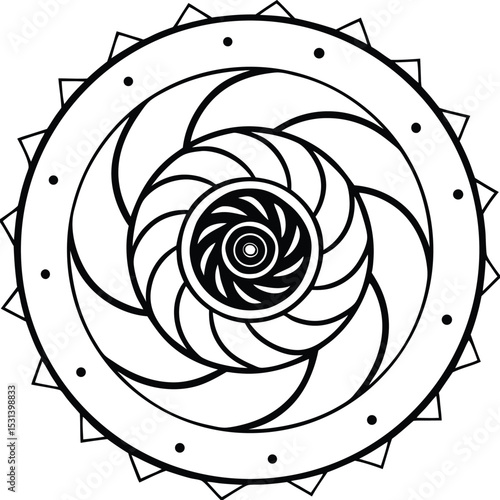 Abstract black and white circular design with intricate swirling patterns and geometric details